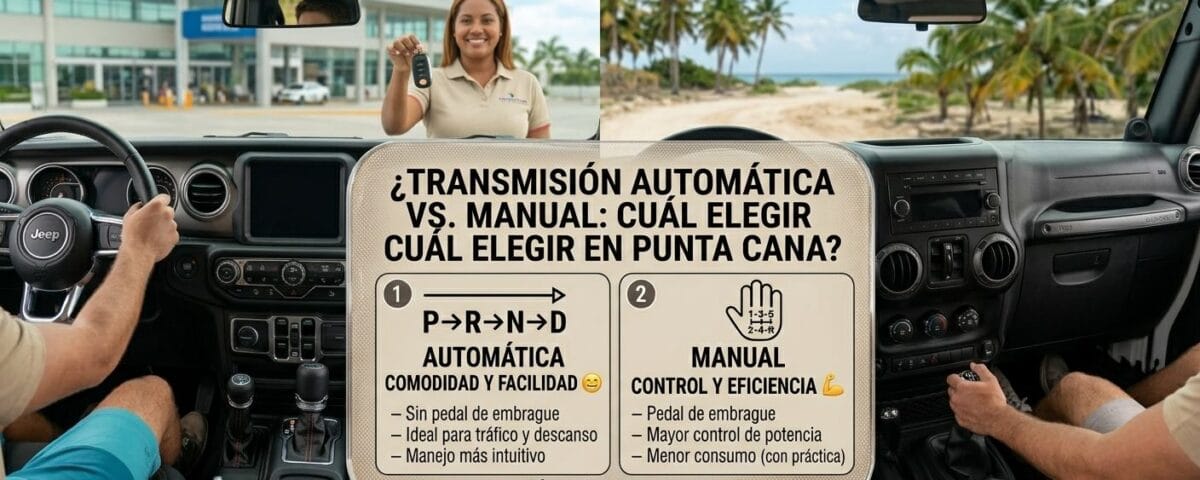 Split view comparing automatic and manual transmission rental car interiors in Punta Cana