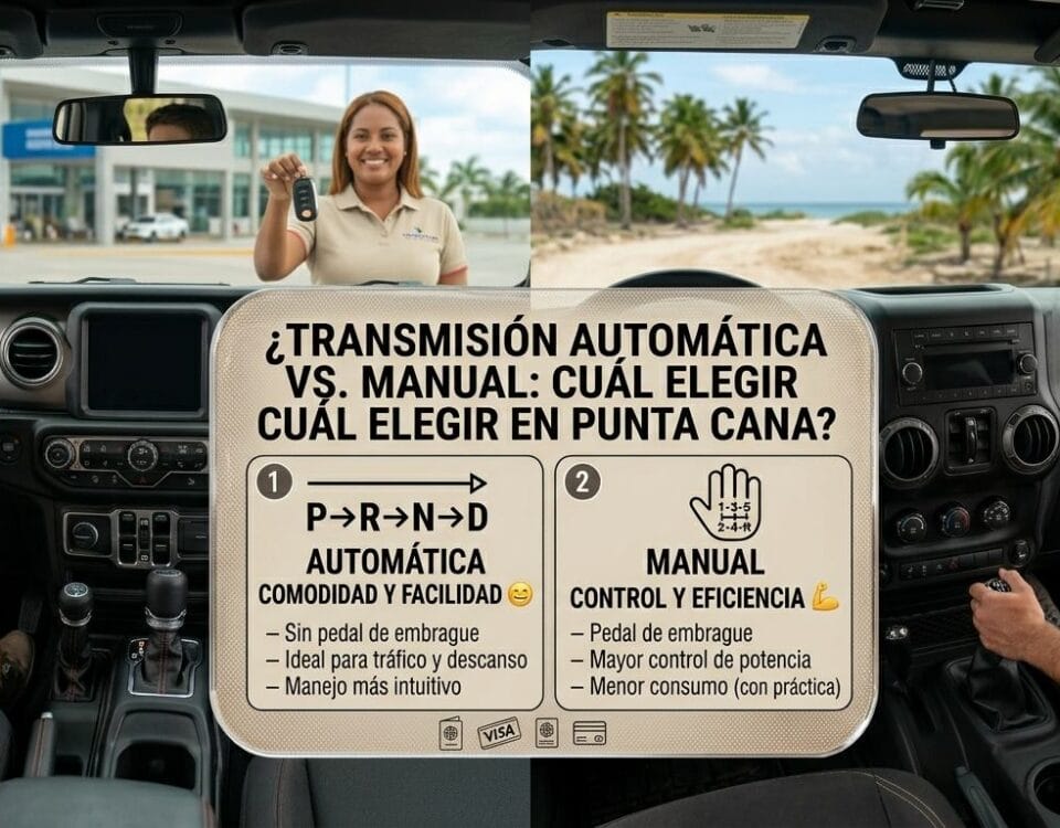 Split view comparing automatic and manual transmission rental car interiors in Punta Cana