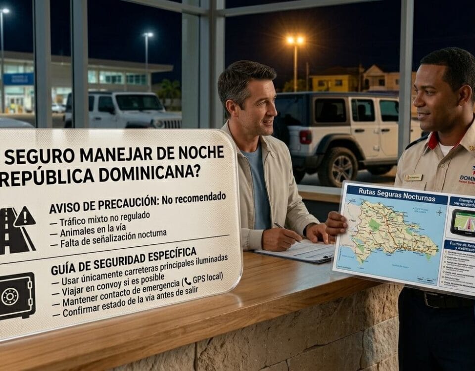 Rental car counter staff reviewing night driving safety guidance with a customer at dusk