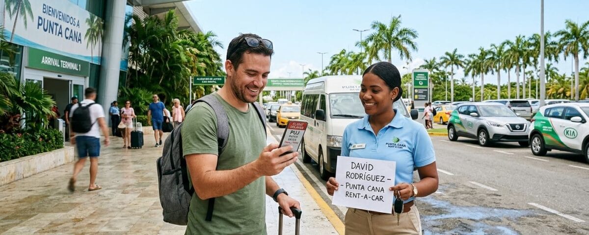 Rental car driver greeting a traveler with a name sign at Punta Cana airport arrivals