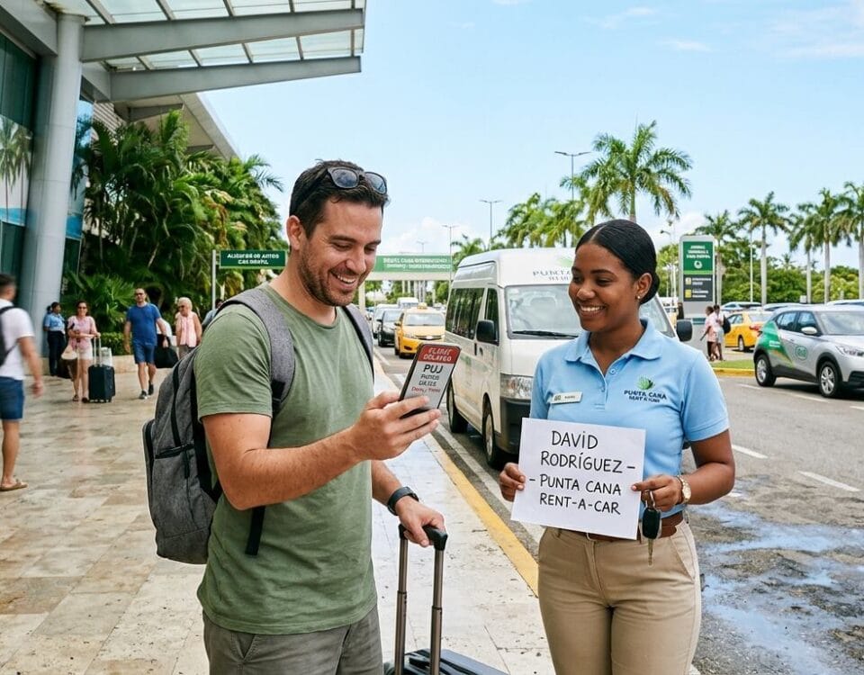 Rental car driver greeting a traveler with a name sign at Punta Cana airport arrivals
