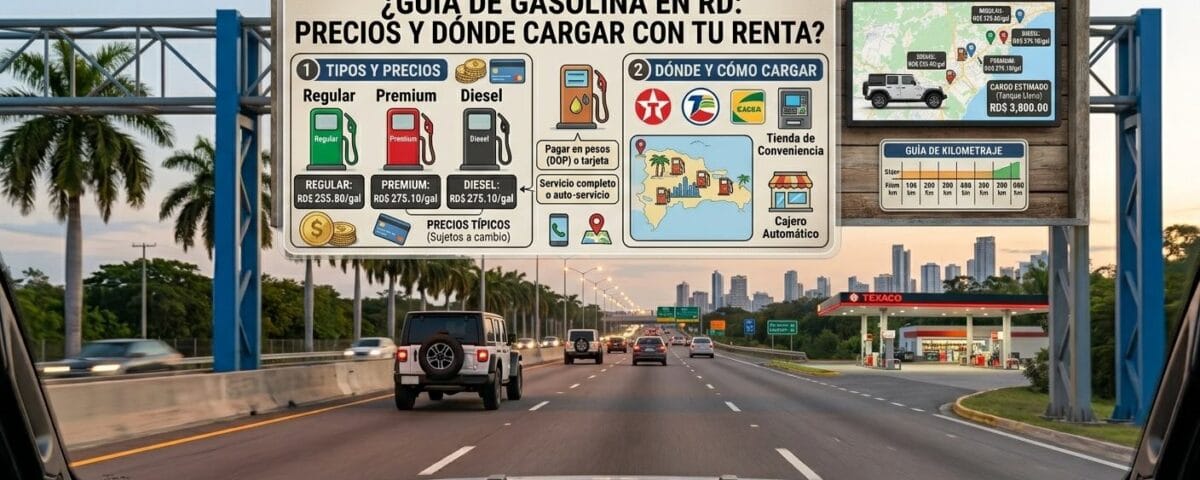 Rental car dashboard view approaching a gas station on Boulevard Turistico del Este