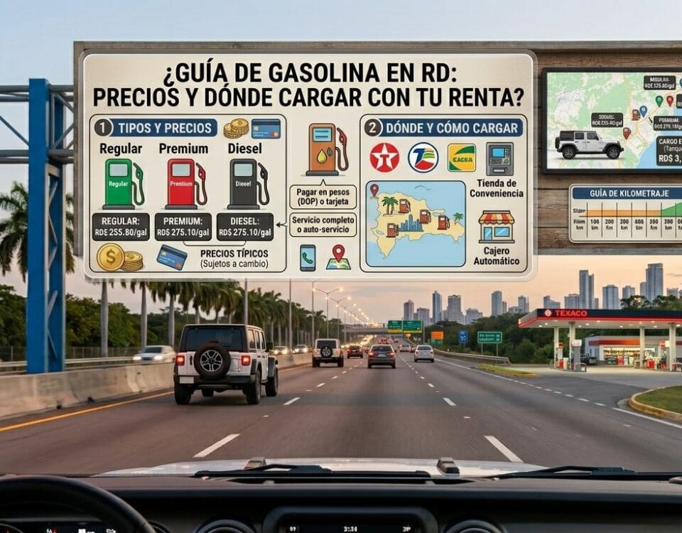 Rental car dashboard view approaching a gas station on Boulevard Turistico del Este