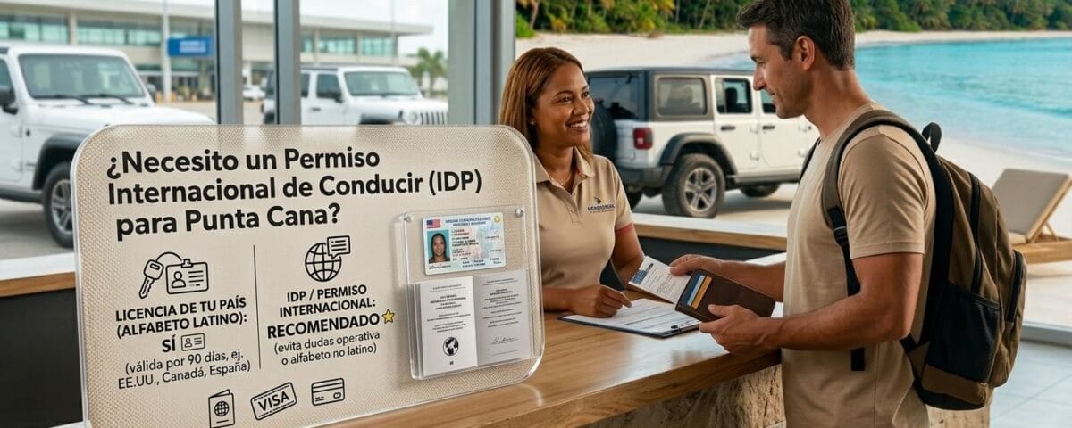 Rental car counter agent explaining IDP and license requirements to a traveler in Punta Cana