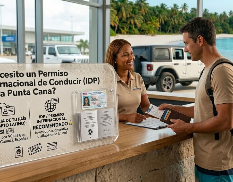 Rental car counter agent explaining IDP and license requirements to a traveler in Punta Cana