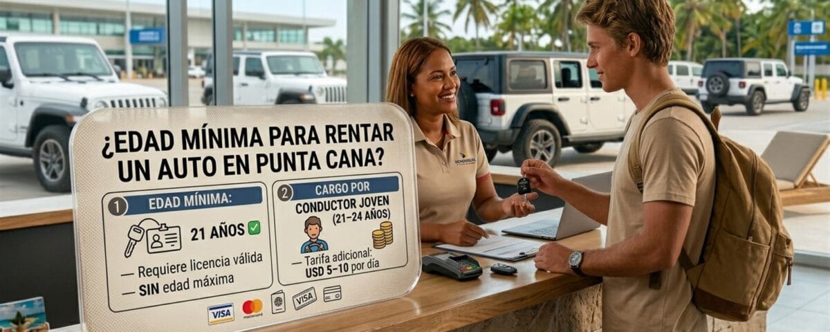 Rental car counter agent handing keys to a young traveler with minimum age and surcharge signage