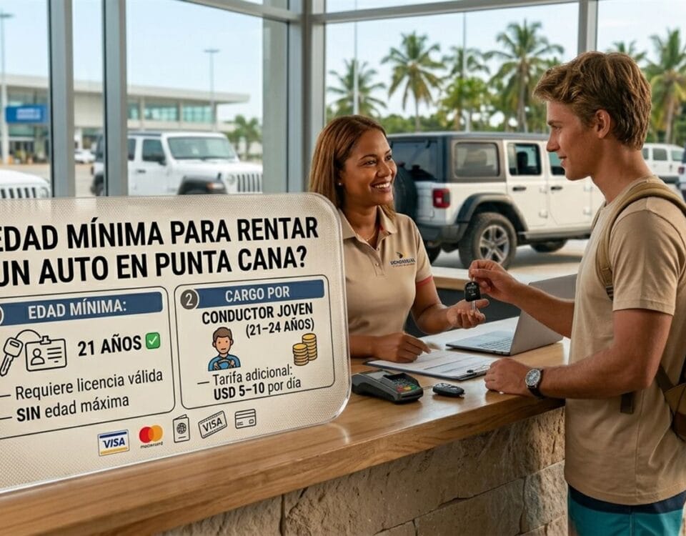 Rental car counter agent handing keys to a young traveler with minimum age and surcharge signage