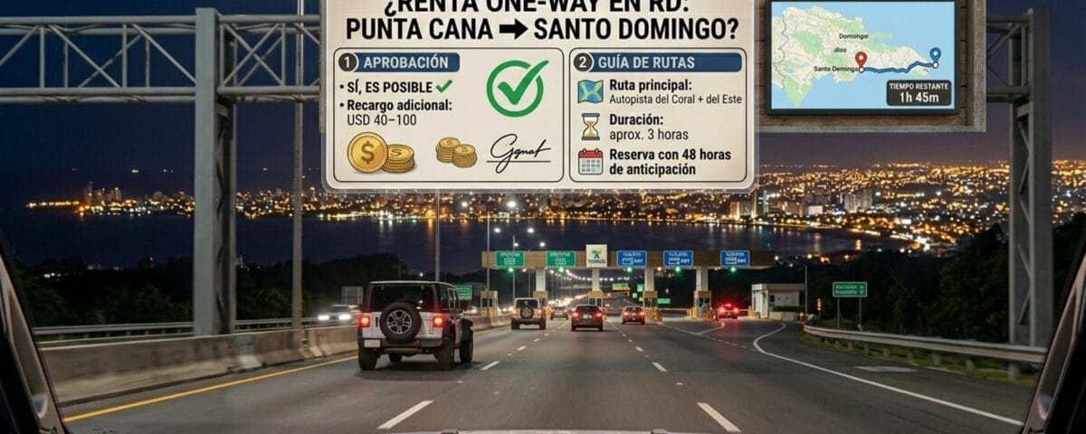 Dashboard view driving toward Santo Domingo at night showing one-way rental fee and route information