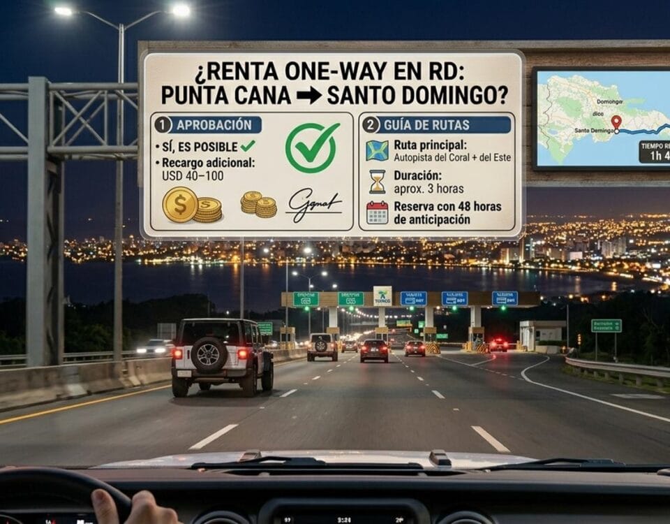 Dashboard view driving toward Santo Domingo at night showing one-way rental fee and route information