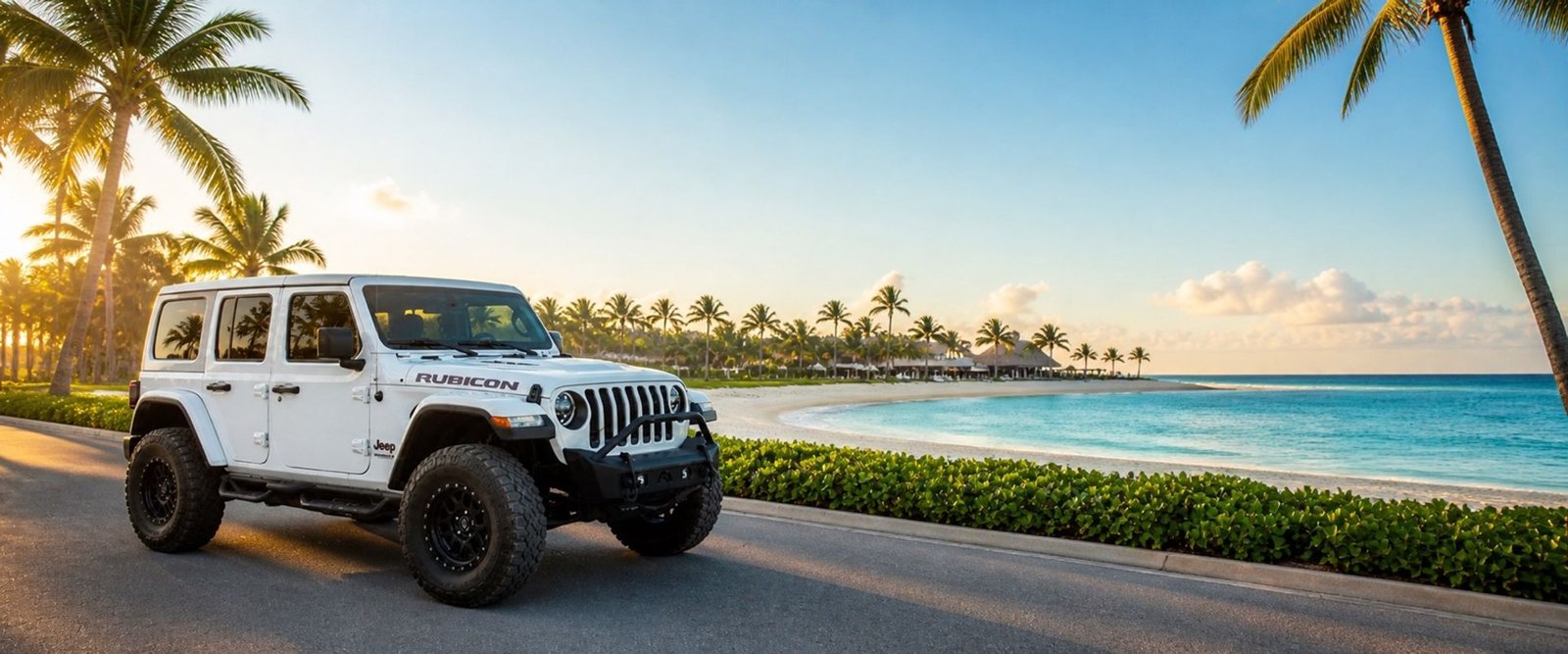 White Jeep Wrangler Rubicon rental at Cap Cana beach — Punta Cana Rent a Car premium fleet