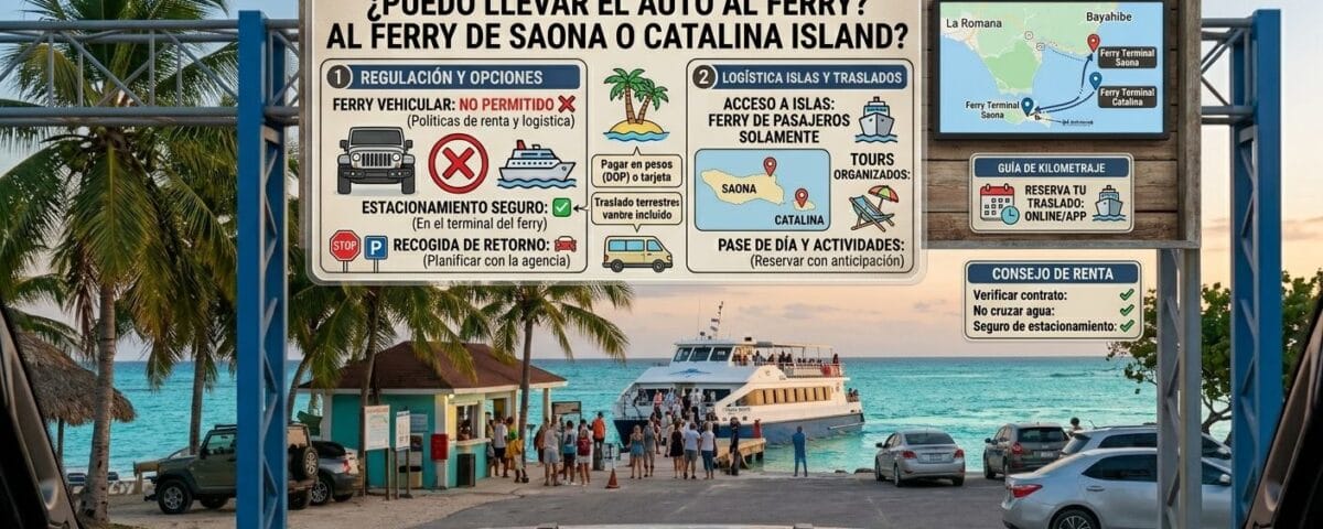 Tour boat and parked rental cars at the Bayahibe marina departure point for Saona Island