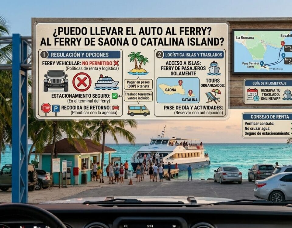 Tour boat and parked rental cars at the Bayahibe marina departure point for Saona Island