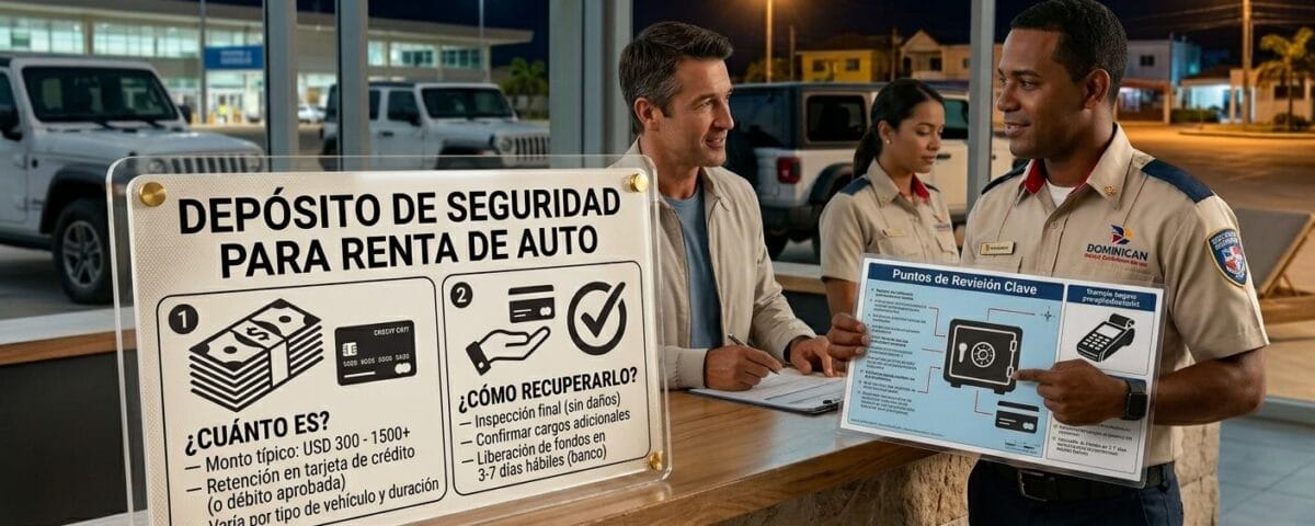 Rental car staff explaining the security deposit and refund process to a customer