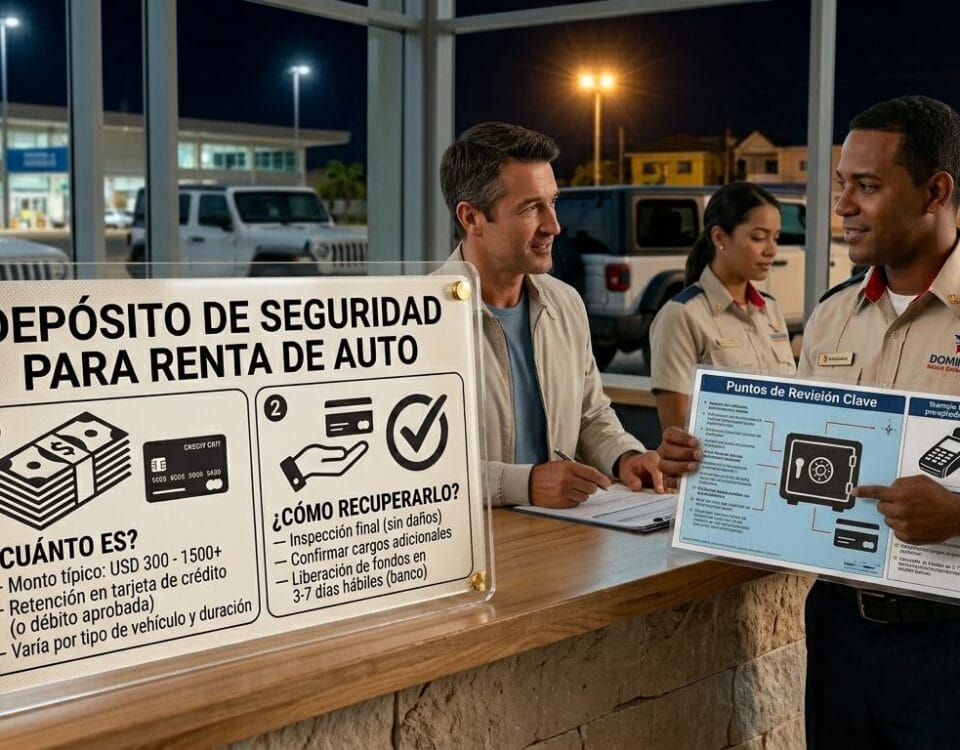 Rental car staff explaining the security deposit and refund process to a customer