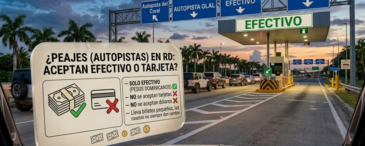 Toll booth on Autopista del Coral with a cash-only sign, no credit cards accepted