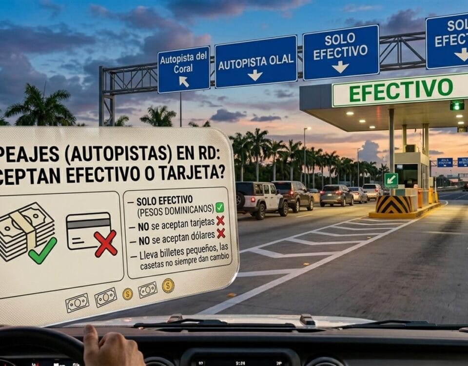 Toll booth on Autopista del Coral with a cash-only sign, no credit cards accepted